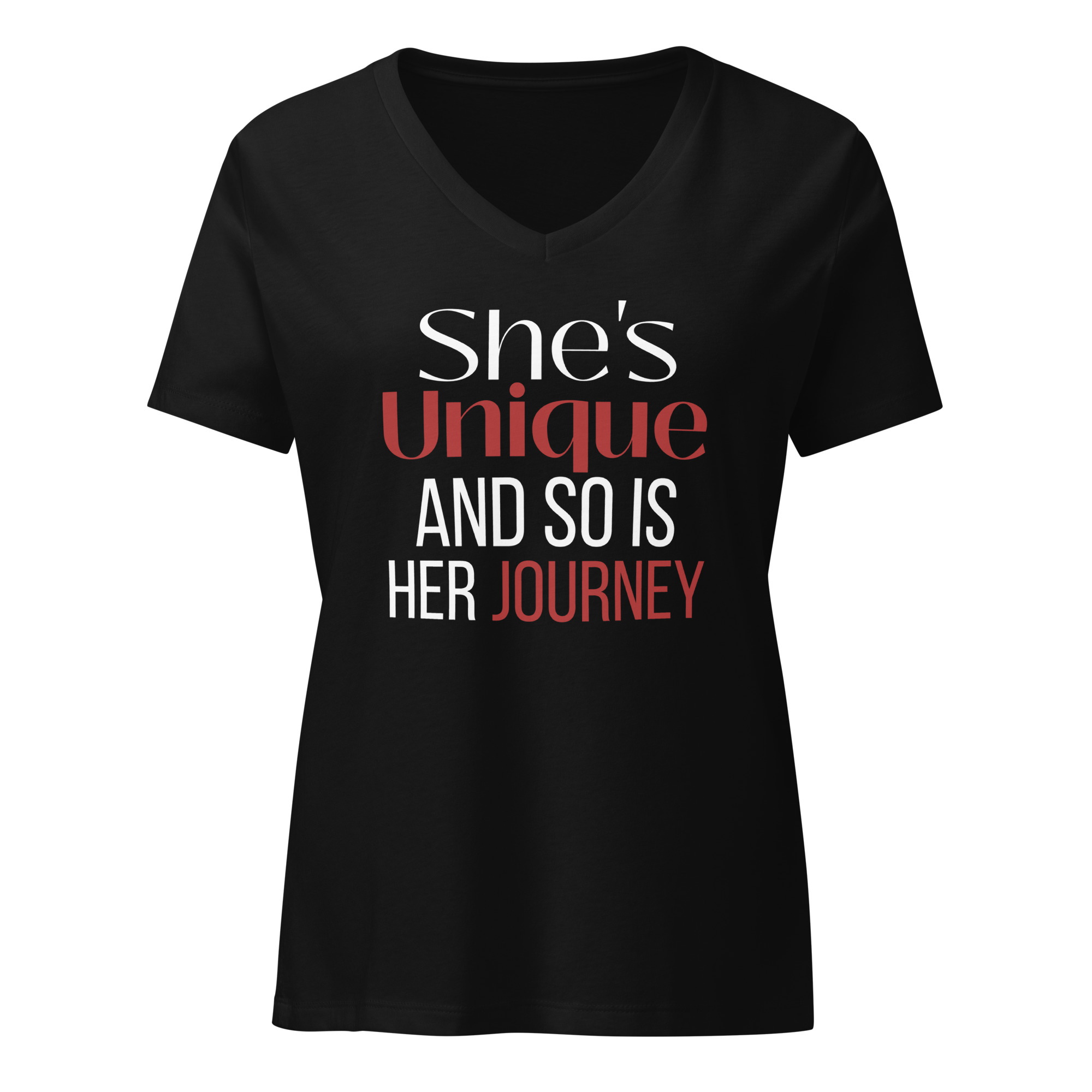 She's Unique and So is Her Journey - White/Red Relaxed V-Neck T-Shirt